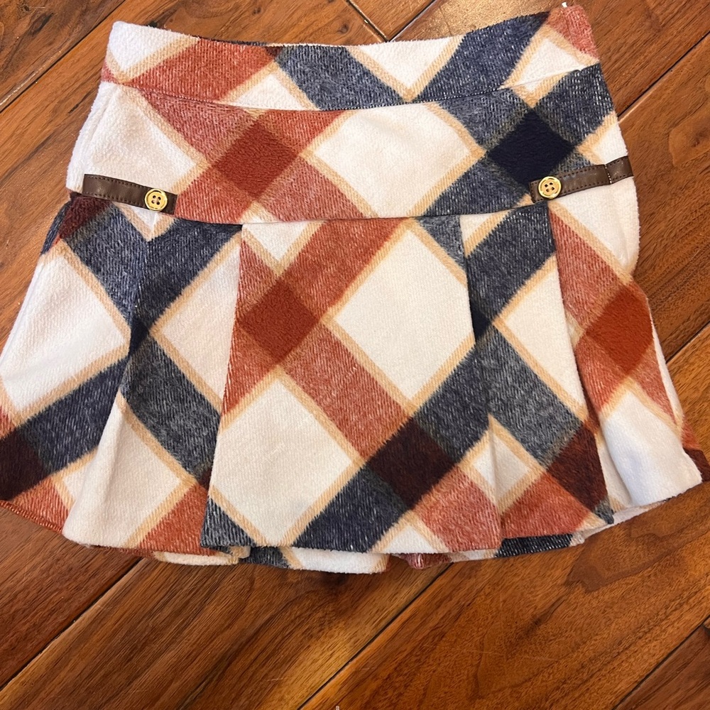 Janie and Jack Plaid Pleated Mini Skirt in Rust, Navy & Cream